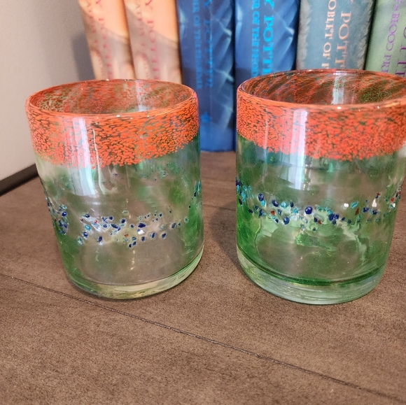 Handmade and Hand Blown Art Glass Lowball colorful set of 2 glasses. - Picture 9 of 9